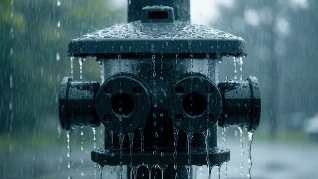 Medium shot of weatherproof plastic junction enclosure mounted on a pole sharply focused with blurred background highlighting moisture protection for satellite connectors.