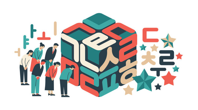 Korean Language Learning Concept with Hangul Cube and People