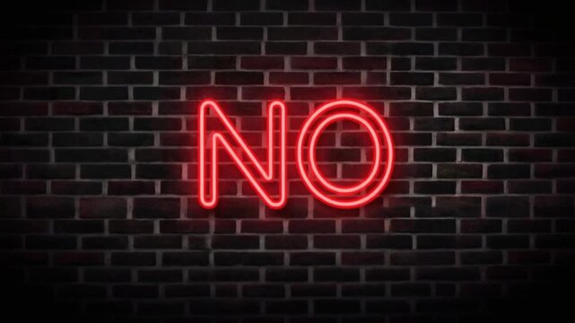 Neon "NO" Sign Glowing Red, Flickering on Dark Brick Wall at Night