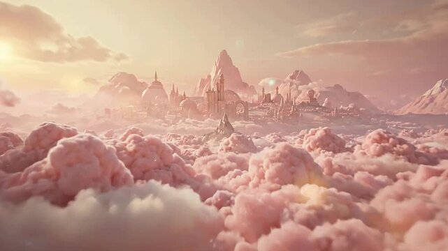 Majestic Mountain Skyline Surrounded by Fluffy Pink Clouds at Sunrise