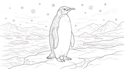 Emperor penguin coloring page vector, arctic landscape with icebergs and snowflakes, winter wildlife line art illustration for kids and adults © fanii996