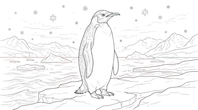 Emperor penguin coloring page vector, arctic landscape with icebergs and snowflakes, winter wildlife line art illustration for kids and adults