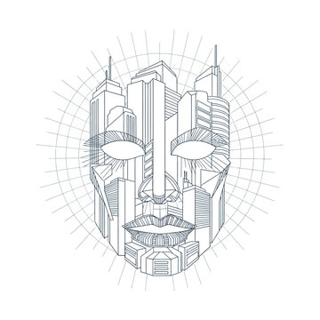 Abstract City Face Sculpture, Architectural Design, Urban Art, Modern Concept