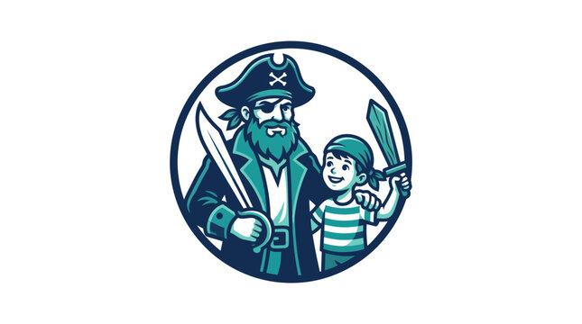 Pirate and child with swords standing.