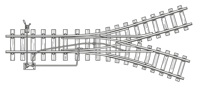 Railroad track switch outline vector illustration with lever mechanism for railway transportation.