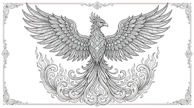 Intricate phoenix bird line art illustration, mythical firebird with spread wings in ornate frame, black and white fantasy coloring page vector