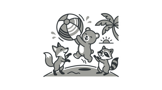 Raccoon and Fox Playing Volleyball Together.