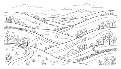 Obraz premium Hilly landscape with trees and clouds outline vector illustration for rural natural scenery.