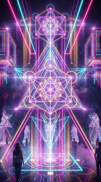 Neon glowing sacred geometry Metatron's cube Merkaba futuristic laser light installation with people watching digital art background