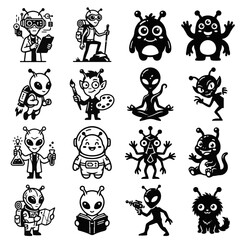 Obraz premium Creative Alien Vector Graphics Black Icons Set for Science and Space