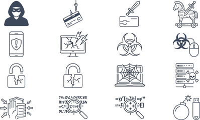 Fototapeta premium Cybersecurity and Digital Threat Line Icon Set Featuring Malware, Hacking, Data Breach, Phishing, Network Security, and Cyber Defense Vector Collection