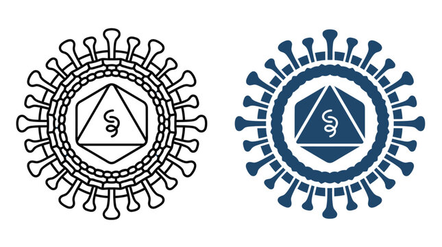 Two stylized virus icons with a legal paragraph symbol inside a geometric core.