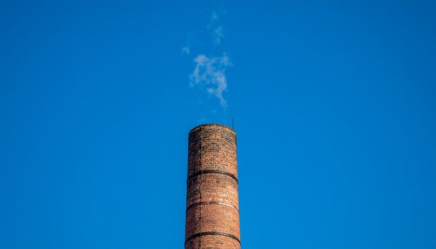 Factory chimney stack emitting smoke into clear blue sky outdoor