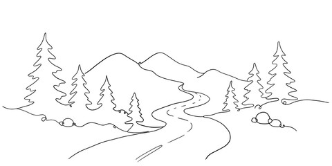 Minimalist line art drawing of mountain landscape with evergreen trees and winding road © ImageFlow 