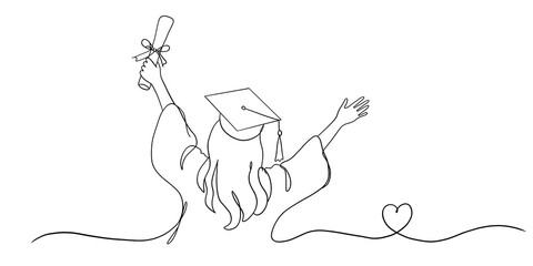 Continuous Line Art of a Cheerful Graduate Celebrating Achievement with Diploma