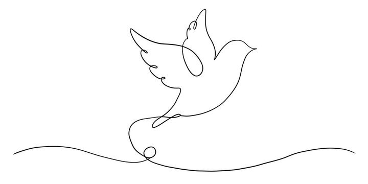Minimalist continuous line drawing of a flying dove bird symbol