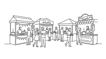 Obraz premium A black and white line art illustration of a bustling outdoor street food market scene.