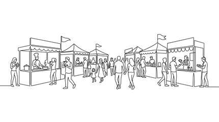 Fototapeta premium A hand drawn sketch of a bustling outdoor street market with food stalls and people.