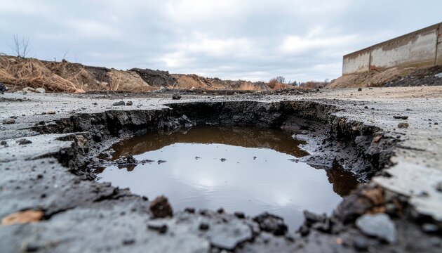 Large water-filled pothole on broken asphalt road in industrial area.