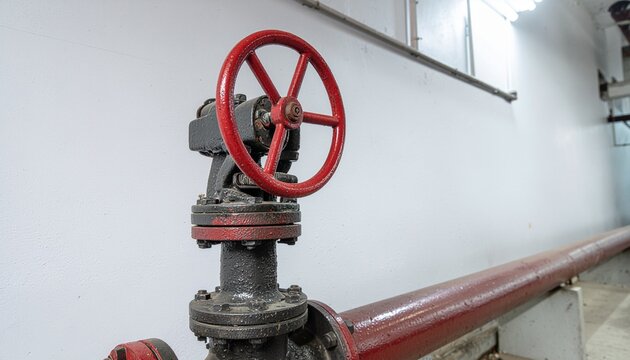 Red metal valve wheel on industrial pipe in utility room