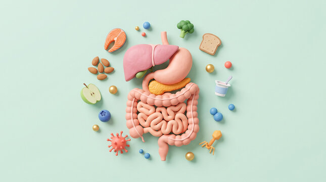 Clay art illustration of human digestive system organs surrounded by healthy food items like salmon, nuts, apple, broccoli, bread, and yogurt on a light green background