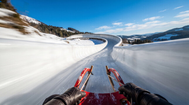 Firstperson view of a person riding a red sled down a highspeed icy bobsleigh track through a snowy mountain landscape