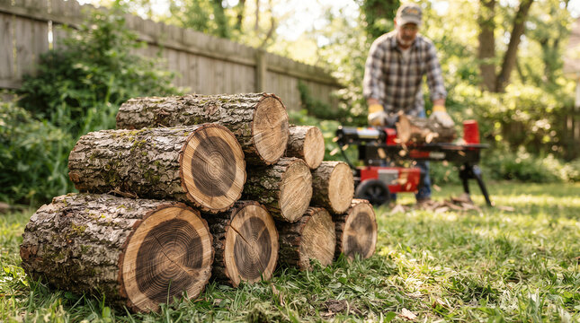 A man using a log splitter to process firewood in a backyard setting, with a stack of freshly cut logs in the foreground