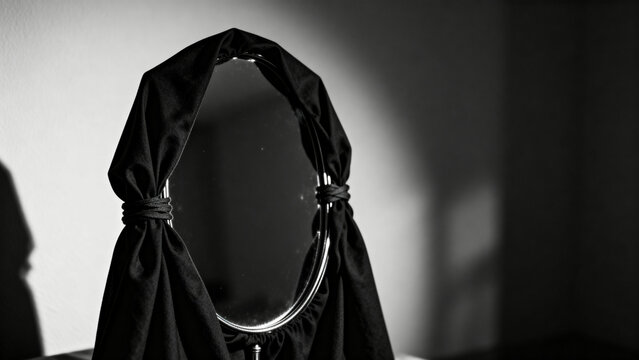 A mirror completely covered and bound with black cloth, no reflection.