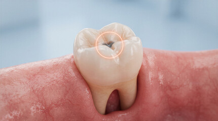 Fototapeta premium 3d illustration of a human molar tooth with a cavity in the center, highlighting dental decay and the need for a filling procedure