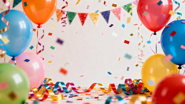 Festive frame with balloons, streamers and confetti against simple background in vibrant colors