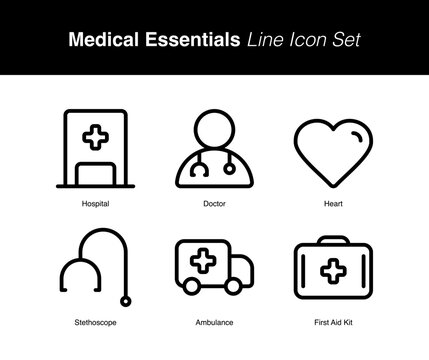 Medical Essentials Line Icon Set, Editable Stroke Healthcare Outline Vector Icons