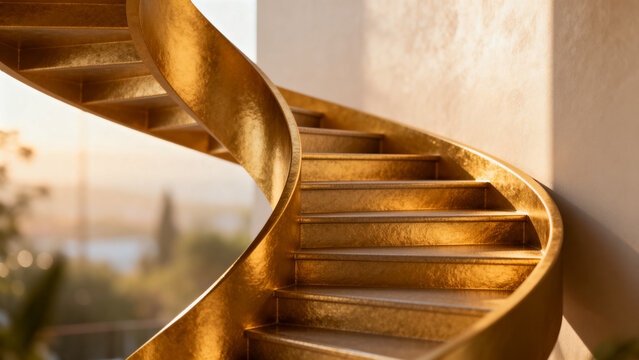 gainer. A golden spiral staircase ascending upwards, steps gradually widening in soft morning light. real-estate listings.