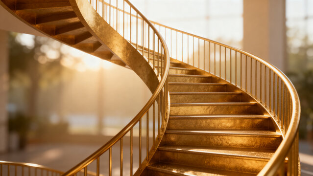gainer. A golden spiral staircase ascending upwards, steps gradually widening in soft morning light. real-estate listings.
