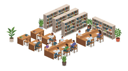 Isometric illustration of people reading and studying in a library