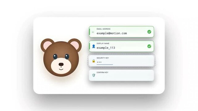 Registration form interface with cute bear character for kids website