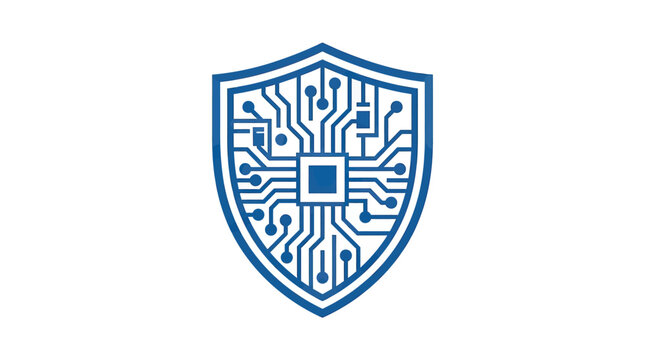 Blue shield icon with internal electronic circuit board pattern