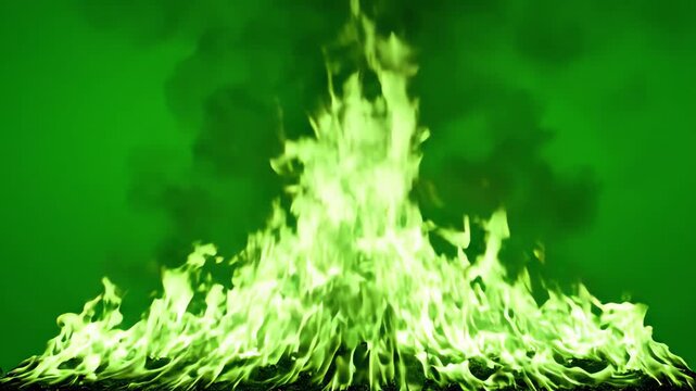Intense emerald green screen flames licking upwards with flickering motion and realistic heat distortion for sports visual effects