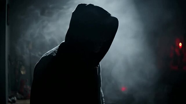 Mysterious figure in dark hoodie exhaling smoke in dimly lit setting
