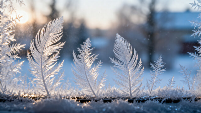 Frosted windowpane with feather-like ice patterns in morning light.