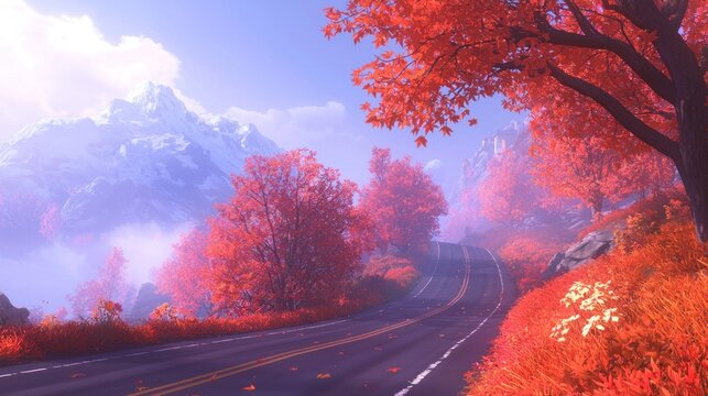 Scenic autumn road winding through vibrant red foliage and majestic snow-capped mountains under a soft, bright sky.