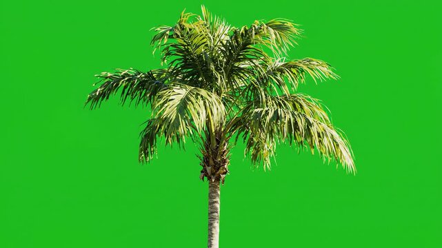 Isolated tropical palm tree with green fronds swaying gently against a solid chroma key green screen background