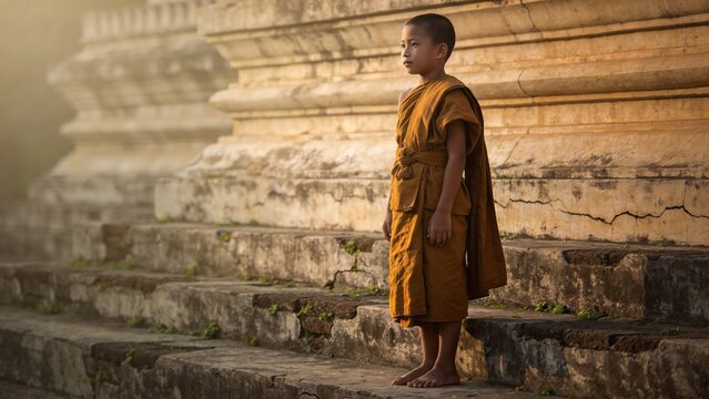 Young Buddhist monk in saffron robe standing in front of ancient temple ruins, serene contemplation.
