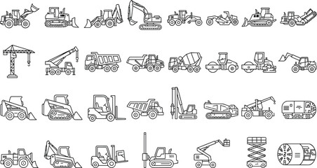 Construction Vehicles and Heavy Machinery Outline Icon Set Featuring Excavators, Bulldozers, Cranes, Loaders, Dump Trucks, and Industrial Equipment © MdSumon