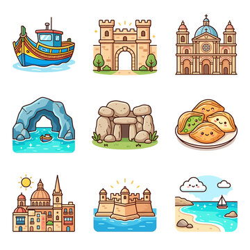 Set of nine kawaii-style illustrations representing Malta landmarks: Luzzu boat, Mdina gate, Mosta Dome, Blue Grotto, megalithic temple, pastizzi, Valletta skyline, coastal fort, and beach.
