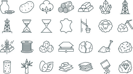 Fototapeta premium Natural Resources and Raw Materials Line Icon Set Featuring Mining, Agriculture, Forestry, Minerals, Textiles, and Industrial Production Vector Collection