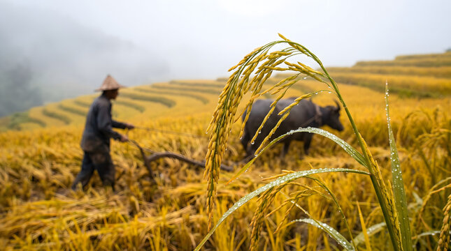 Macro close-up of golden rice ear with morning dew drops and blurred farmer plowing field with water buffalo in background