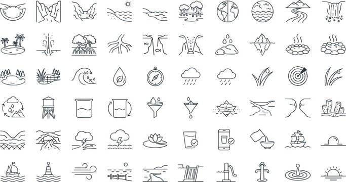 Nature and Environmental Landscape Line Icon Set Featuring Mountains, Forests, Rivers, Weather, Oceans, Ecology, and Outdoor Outline Vector Collection
