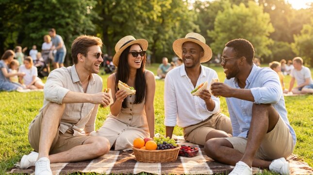 Friends Enjoying Sandwiches Picnic on Summer Bank Holiday