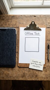 Digital Detox: Clipboard with 'Offline Task' and a reminder note for focused work, next to a smartphone