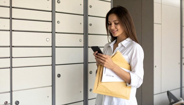 Woman checks phone by mailboxes, holding letters, smiling contentedly